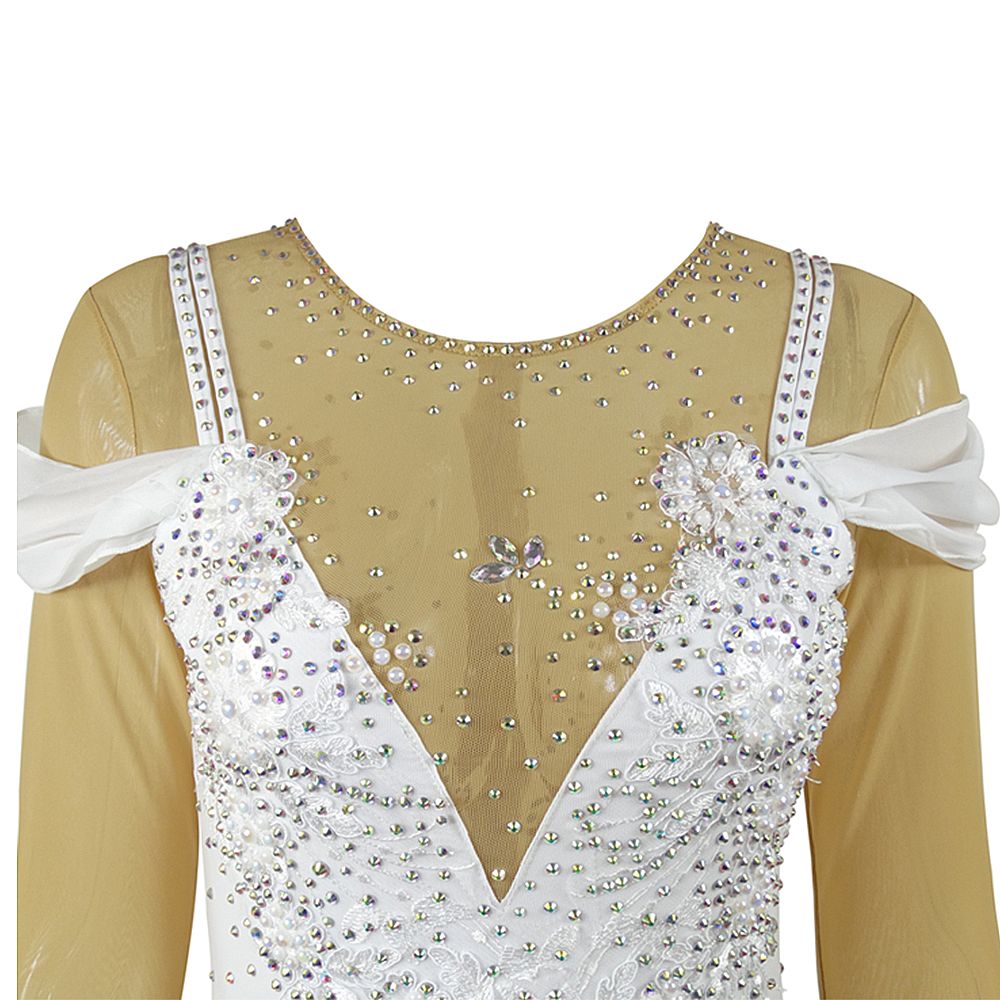 Girls Ice Figure Skating Dress Women's White Pearls Diamonds High Elasticity Training Competition Skating Wear Handmade Crystal / Rhinestone Gradient Color Long Sleeve Ice Skating