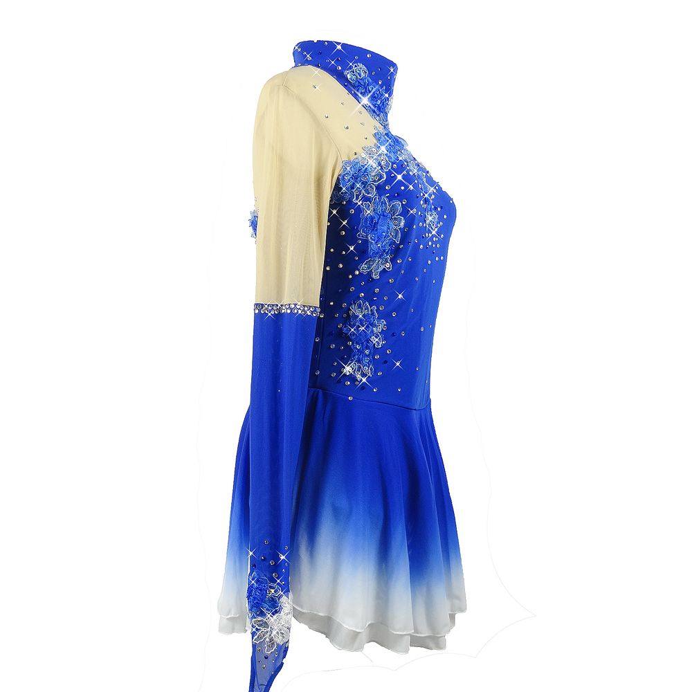 Figure Skating Dress Women's Girls' Ice Skating Skirt Blue Flowers Gradient Skirts High Elasticity Training Competition Skating Wear Multi Color Crystal / Rhinestone Long Sleeve Ice / Kids