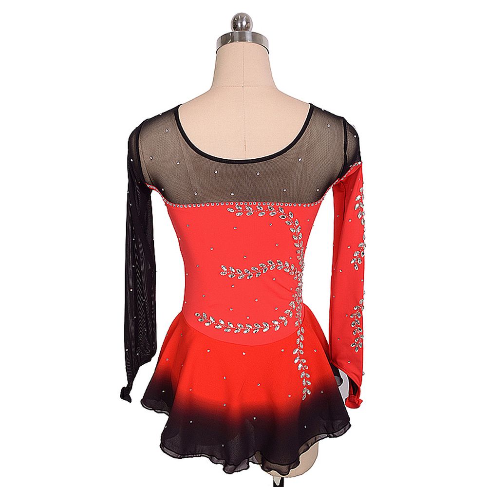 Women Girls Ice Figure Skating Dress Red Stretchy Mesh High Elasticity Training Competition Skating Wear Handmade Crystal / Rhinestone Solid Color Long Sleeve Ice Skating