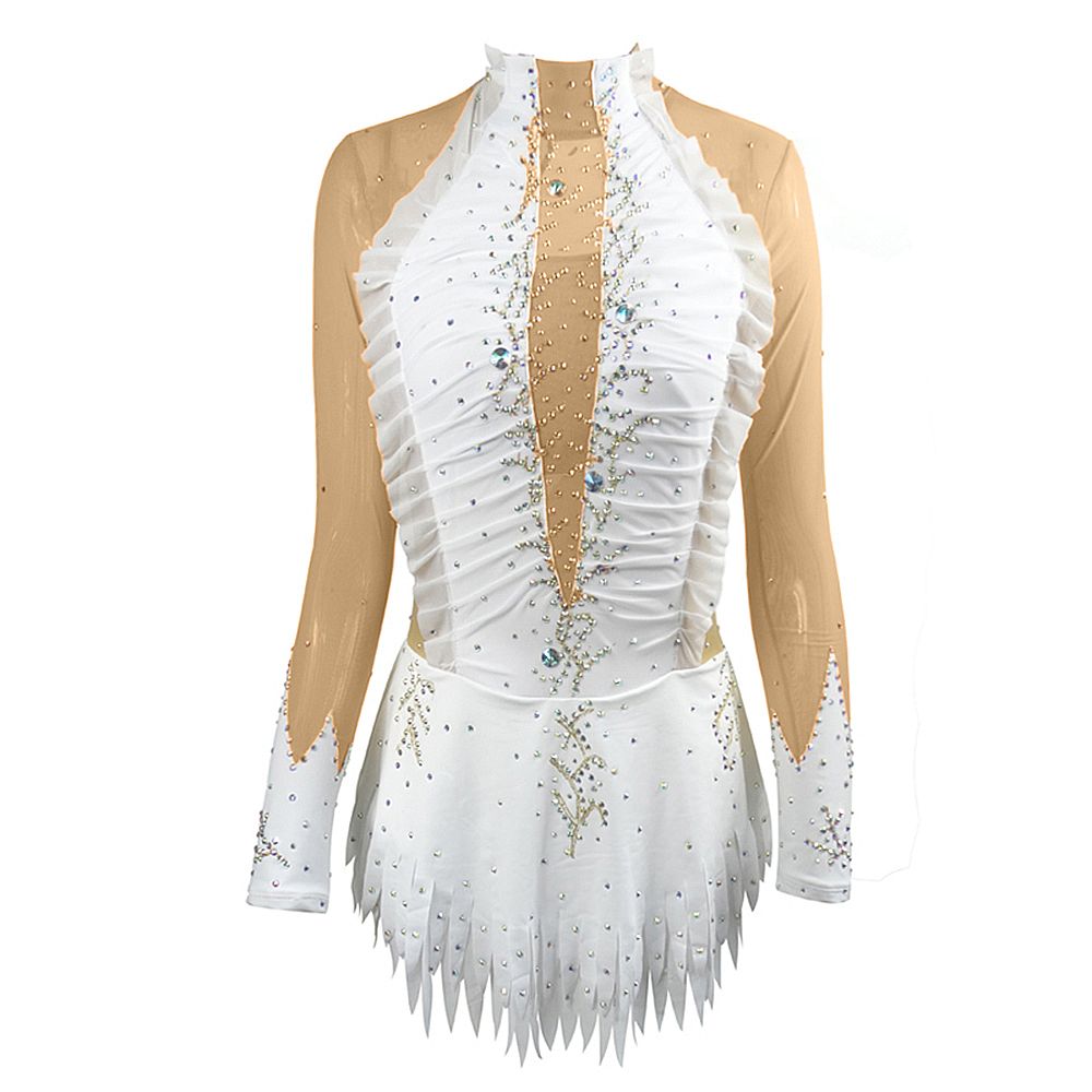 LIUHUO Ice Figure Skating Dance Dress Women's White Folded Fabric Fashion Training Competition Skating Wear Handmade Crystal / Rhinestone Solid Color Long Sleeve Ice Skating Costumes