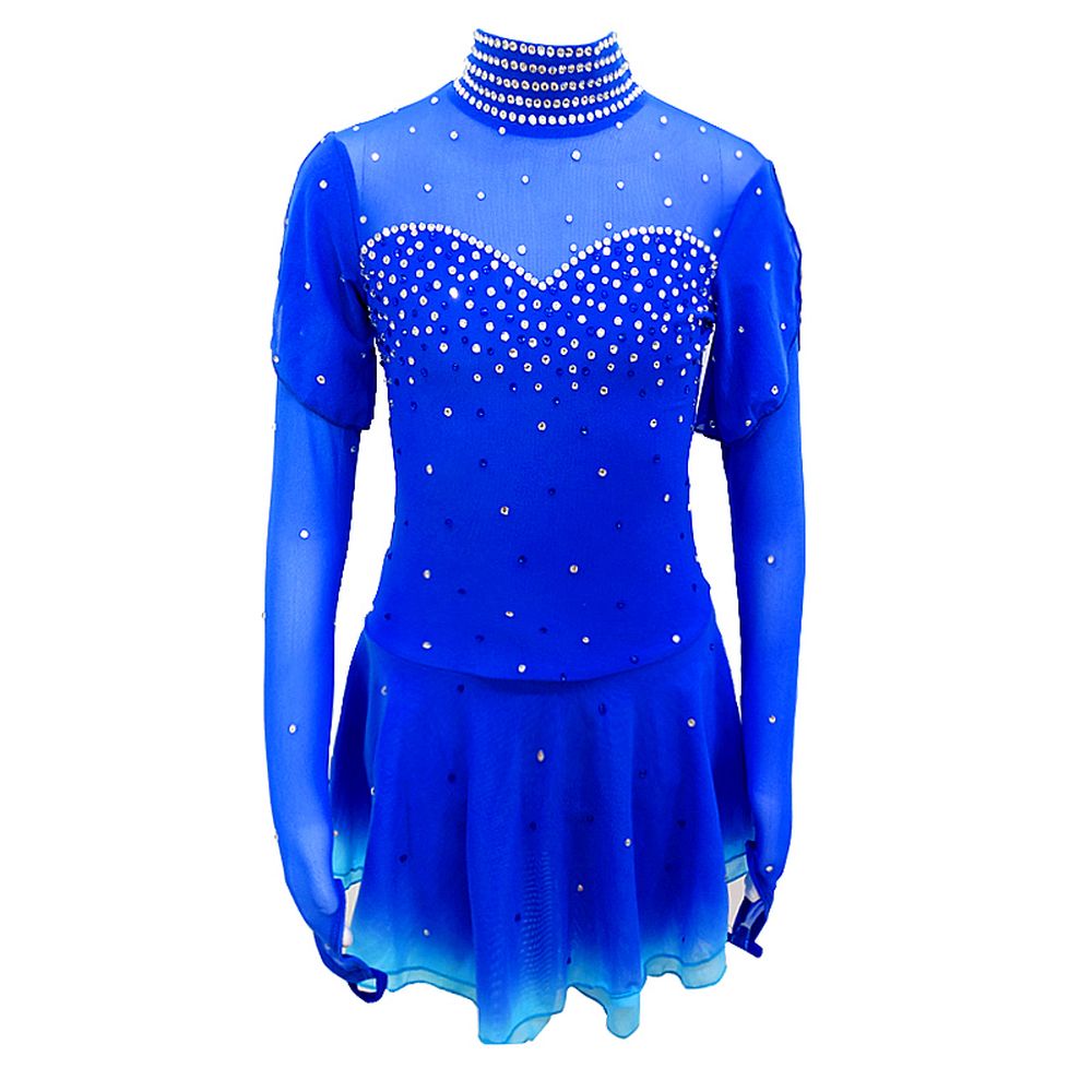 Figure Skating Dress Women's Skating Dress Blue Spandex Sports Competition Skating Wear Breathable Solid Long Sleeve Skating Dress