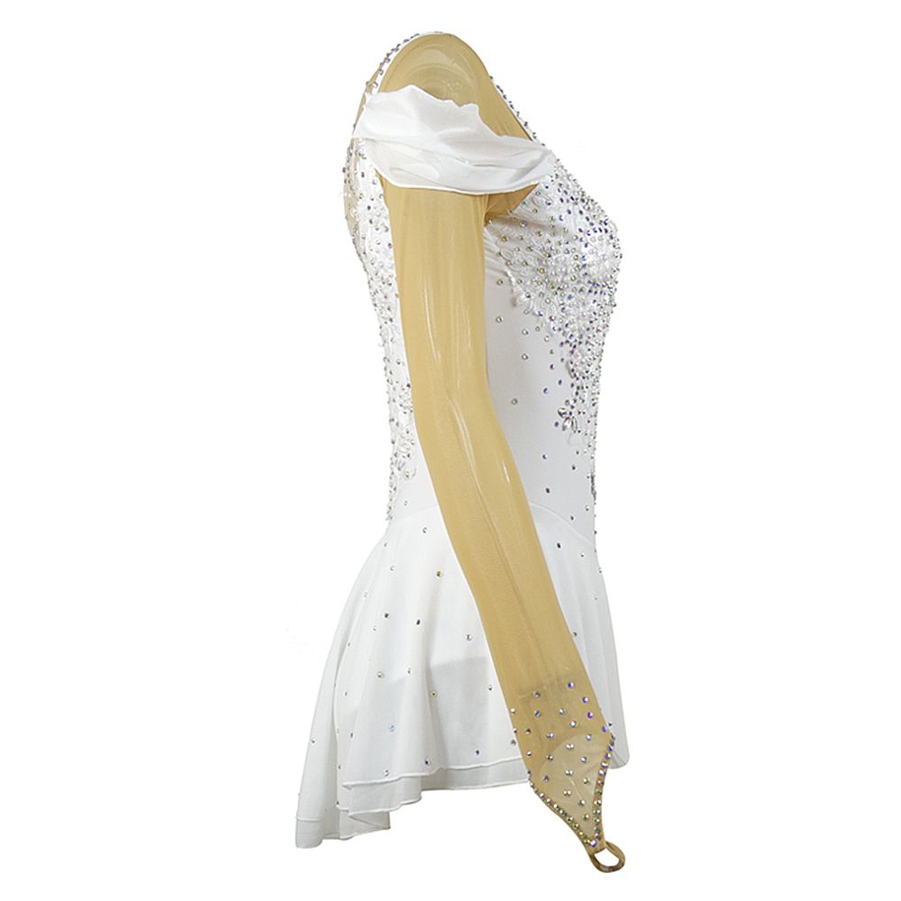 Girls Ice Figure Skating Dress Women's White Pearls Diamonds High Elasticity Training Competition Skating Wear Handmade Crystal / Rhinestone Gradient Color Long Sleeve Ice Skating