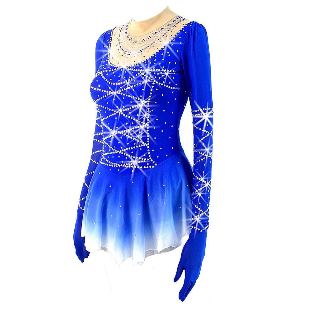 Ice Figure Skating Dress Children's Ice Skating Dress Navy Blue Gradient Competition Skating Wear Breathable Solid Colored Long Sleeve Skating