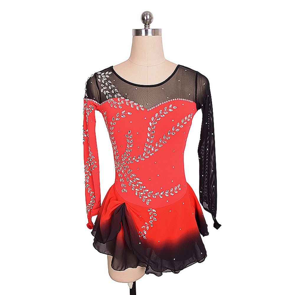 Women Girls Ice Figure Skating Dress Red Stretchy Mesh High Elasticity Training Competition Skating Wear Handmade Crystal / Rhinestone Solid Color Long Sleeve Ice Skating