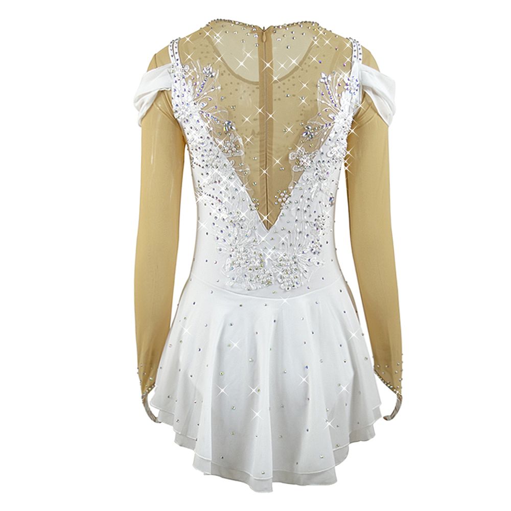 Girls Ice Figure Skating Dress Women's White Pearls Diamonds High Elasticity Training Competition Skating Wear Handmade Crystal / Rhinestone Gradient Color Long Sleeve Ice Skating