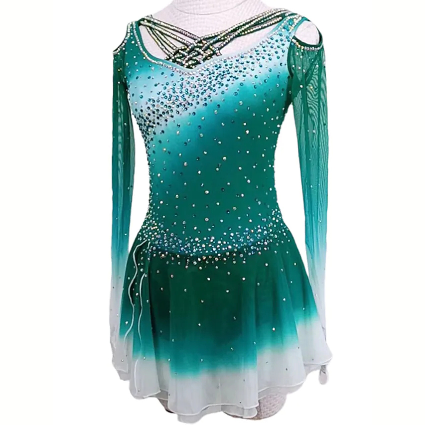 Handmade Figure Skating Dress Women's Girls' Ice Skating Dress Green Spandex High Elasticity Practice Competition Skating Wear Crystal / Rhinestone Long Sleeve Ice Skating Winter