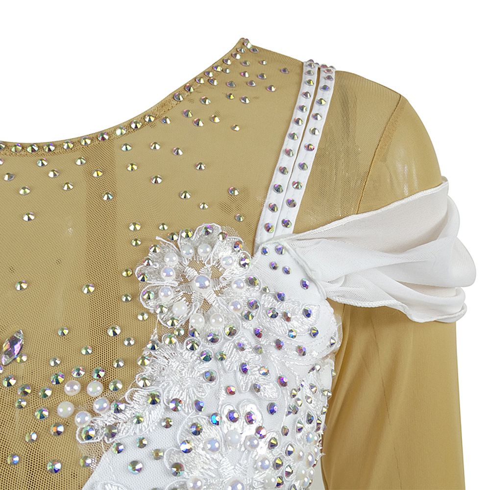Girls Ice Figure Skating Dress Women's White Pearls Diamonds High Elasticity Training Competition Skating Wear Handmade Crystal / Rhinestone Gradient Color Long Sleeve Ice Skating