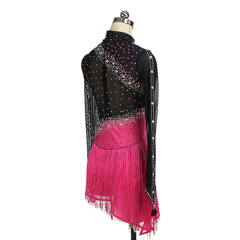 Women Girls Ice Figure Skating Dress Pink- Black Stretchy Mesh High Elasticity Training Competition Skating Wear Handmade Crystal / Rhinestone Solid Color Long Sleeve Ice Skating