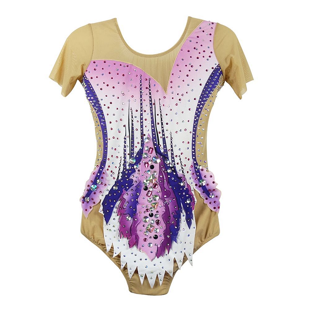 LIUHUO Gymnastics Leotards Girls Handmade Short Sleeve Competition Dance Rhythmic Gymnastics Artistic Gymnastics Blue Pink