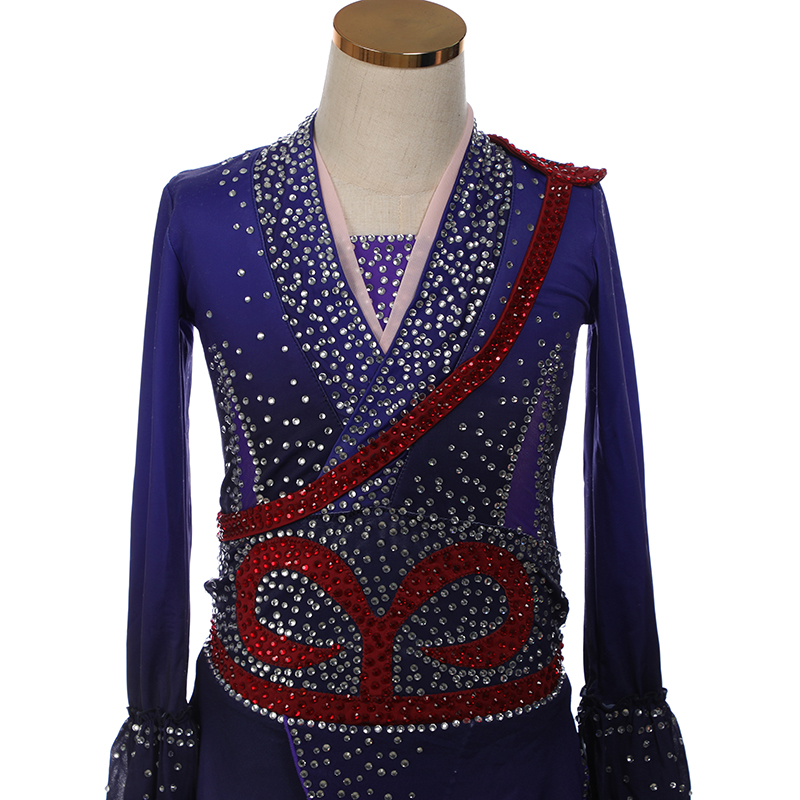 Ice Figure Skating Dress Women Girls Stretchy Tassels High Elasticity Competition Skating Wear Handmade Crystal/Rhinestone Solid Color Long Sleeve Ice Skating