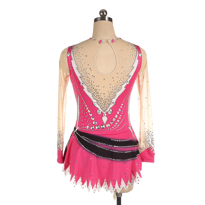 Ice Figure Skating Dress Women Girls Stretchy Pink Spandex High Elasticity Competition Skating Wear Handmade Crystal/Rhinestone Solid Color Long Sleeve Ice Skating