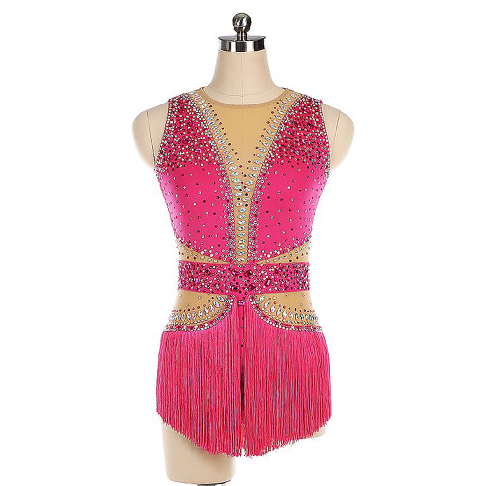 Ice Figure Skating Dress Women Girls Stretchy Tassels High Elasticity Training Competition Skating Wear Handmade Crystal/Rhinestone Solid Color Long Sleeve Ice Skating