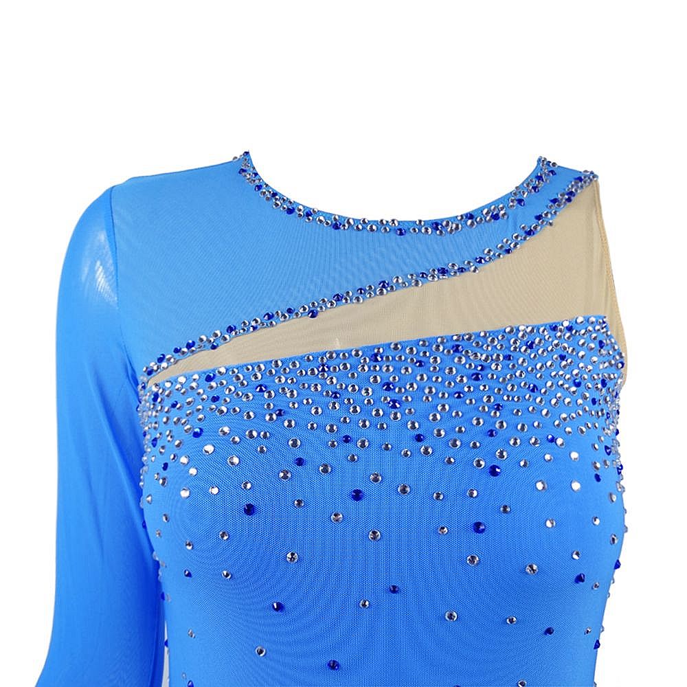 Ice Figure Skating Dress Children's Ice Skating Dress Blue Competition Skating Wear Breathable Solid Colored Long Sleeve Skating