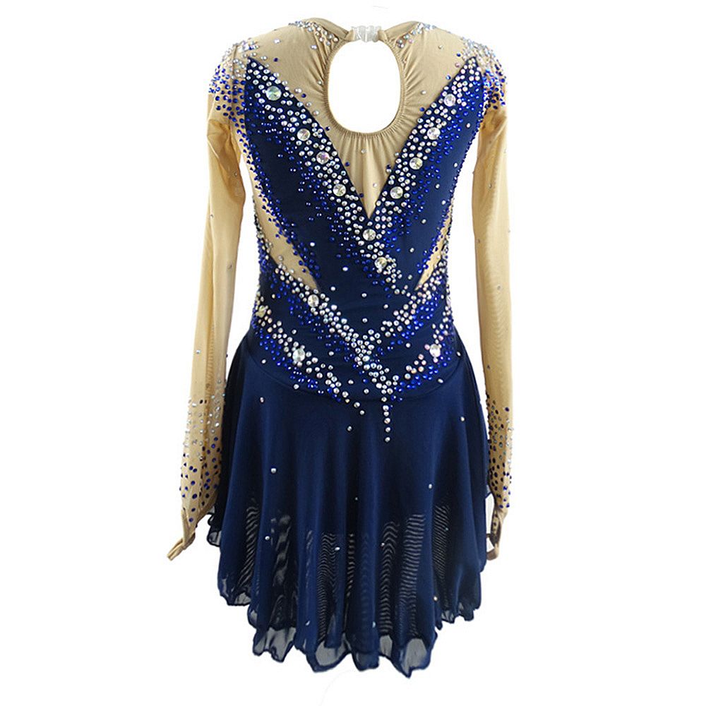 Figure Skating Dress Women's Girls' Ice Skating Dress Blue+Green Glitter Patchwork Spandex High Elasticity Competition Skating Wear Crystal / Rhinestone Long Sleeve Ice Skating Winter Sports Figure