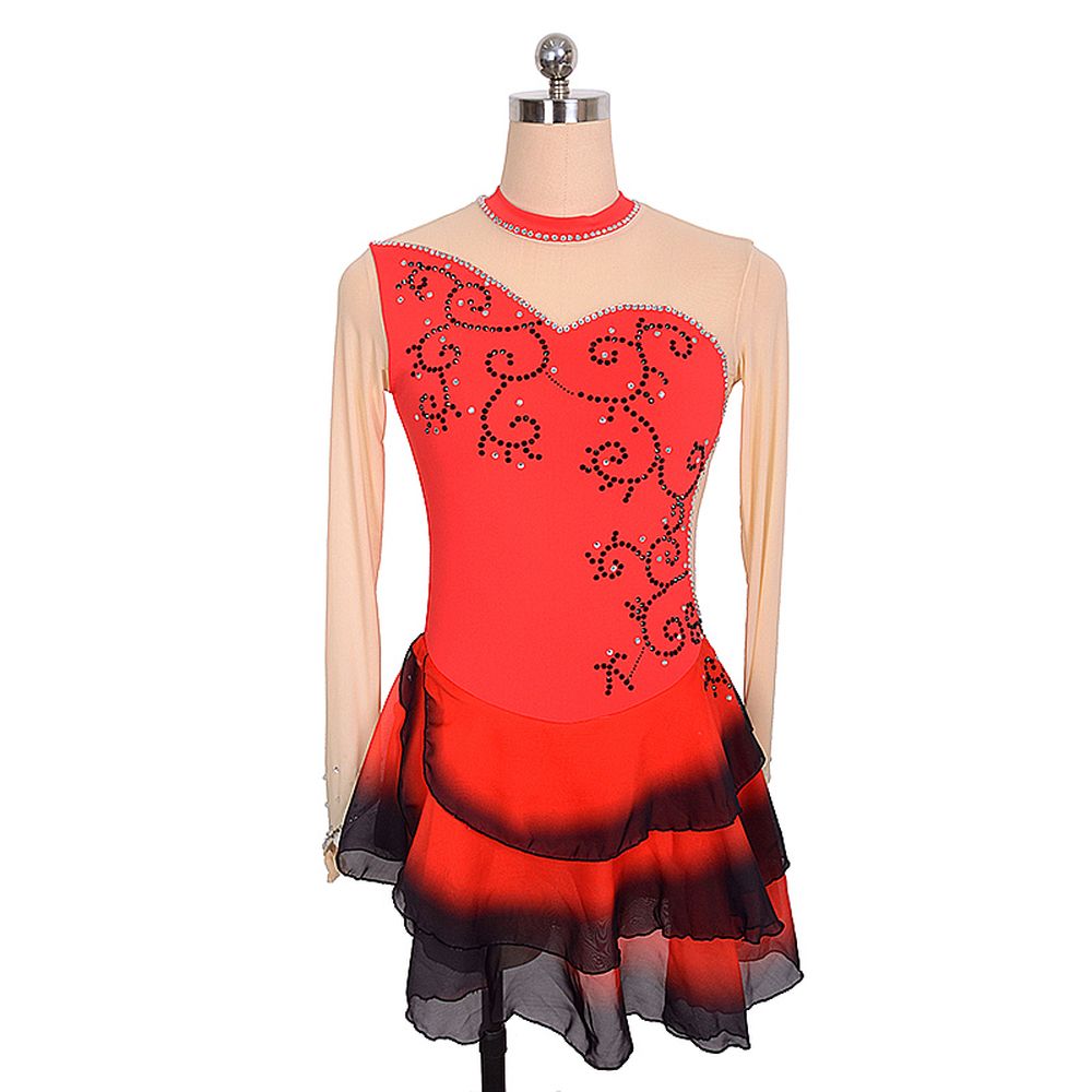 LIUHUO Handmade Figure Skating Dress Women's Girls' Ice Skating Dress Red Glitter Mesh Spandex High Elasticity Practice Competition Skating Wear Crystal / Rhinestone Long Sleeve Ice Skating Winter
