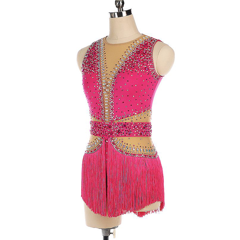 Ice Figure Skating Dress Women Girls Stretchy Tassels High Elasticity Training Competition Skating Wear Handmade Crystal/Rhinestone Solid Color Long Sleeve Ice Skating