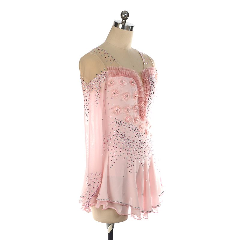 Figure Skating Dress Women Girls Stretchy Pink Spandex High Elasticity Competition Skating Wear Handmade Crystal/Rhinestone Solid Color Long Sleeve Ice Skating