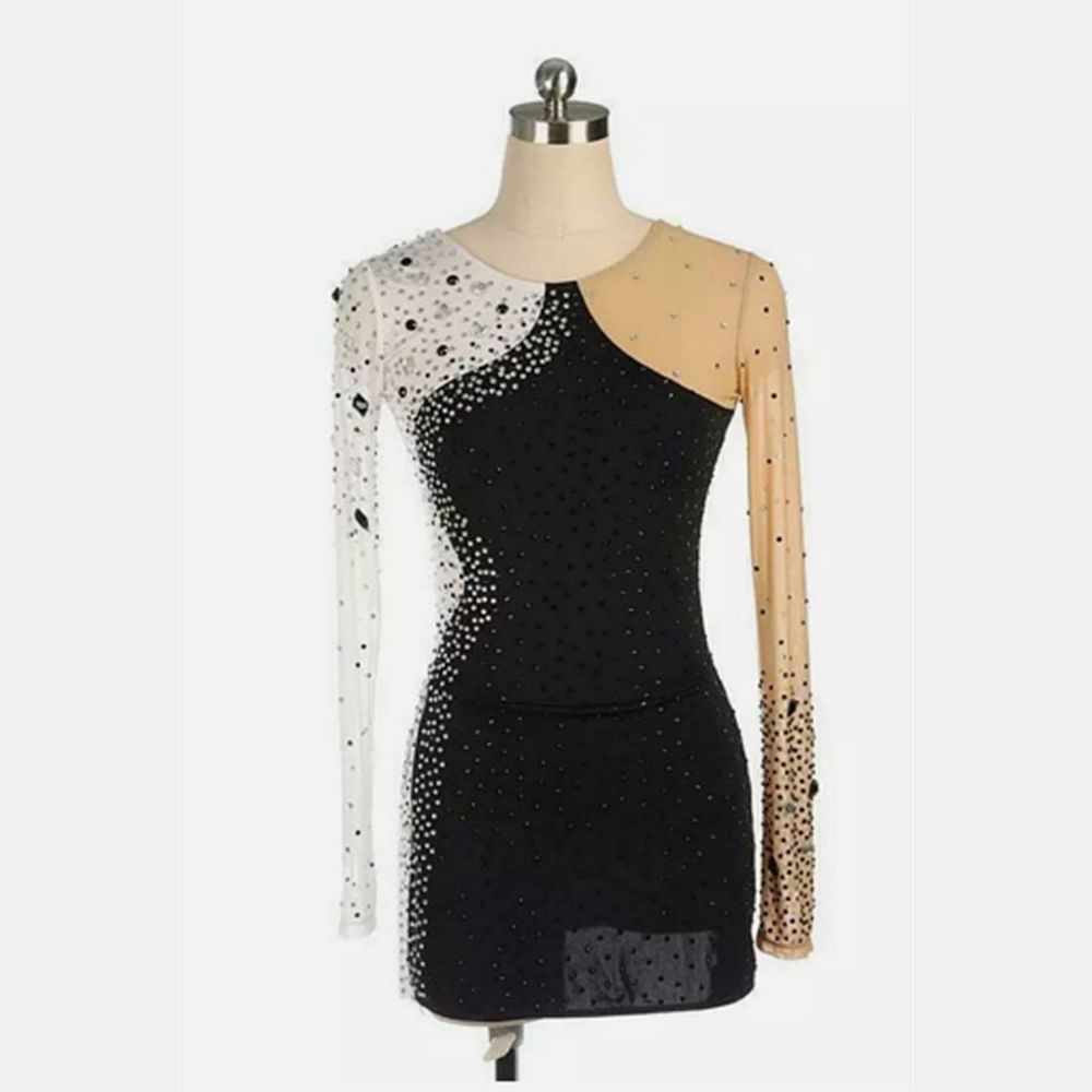 Women Girls Ice Figure Skating Dress White Black Stretchy Mesh High Elasticity Dance Competition Skating Wear Handmade Crystal / Rhinestone Solid Color Long Sleeve Ice Skating