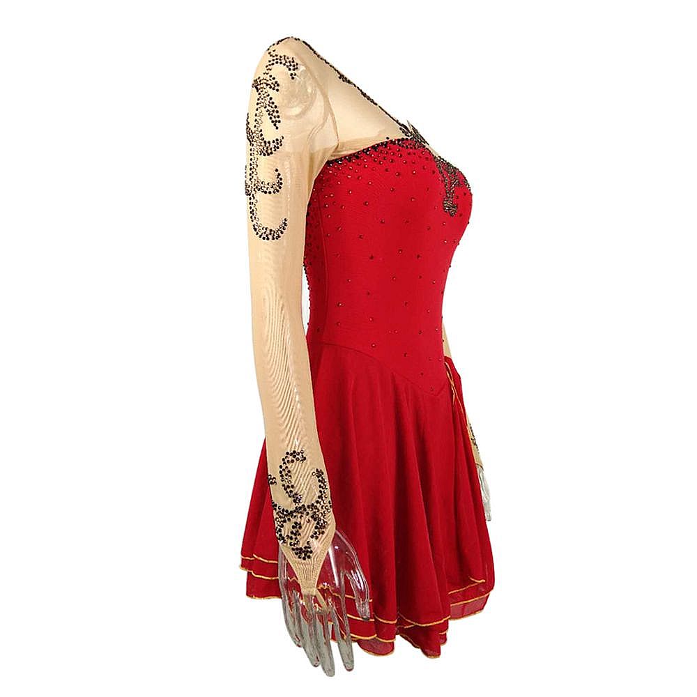 Handmade Figure Skating Dress Women's Girls' Ice Skating Dress Red Mesh Spandex High Elasticity Practice Competition Skating Wear Crystal / Rhinestone Long Sleeve Ice Skating Winter