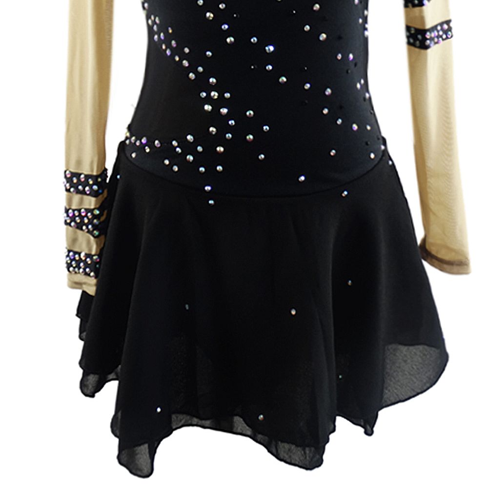 Women Girls Ice Figure Skating Dress Black Spandex Stretchy Mesh High Elasticity Training Competition Skating Wear Handmade Crystal / Rhinestone Solid Color Long Sleeve Ice Skating
