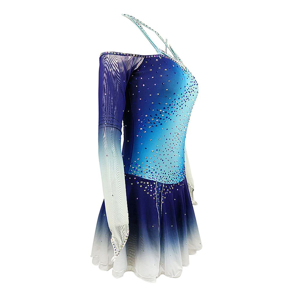 LIUHUO Ice Figure Skating Dance Dress Women's Blue Strips Fashion Training Competition Skating Wear Handmade Crystal / Rhinestone Solid Color Long Sleeve Ice Skating Costumes
