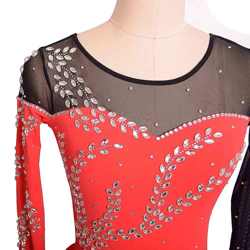 Women Girls Ice Figure Skating Dress Red Stretchy Mesh High Elasticity Training Competition Skating Wear Handmade Crystal / Rhinestone Solid Color Long Sleeve Ice Skating