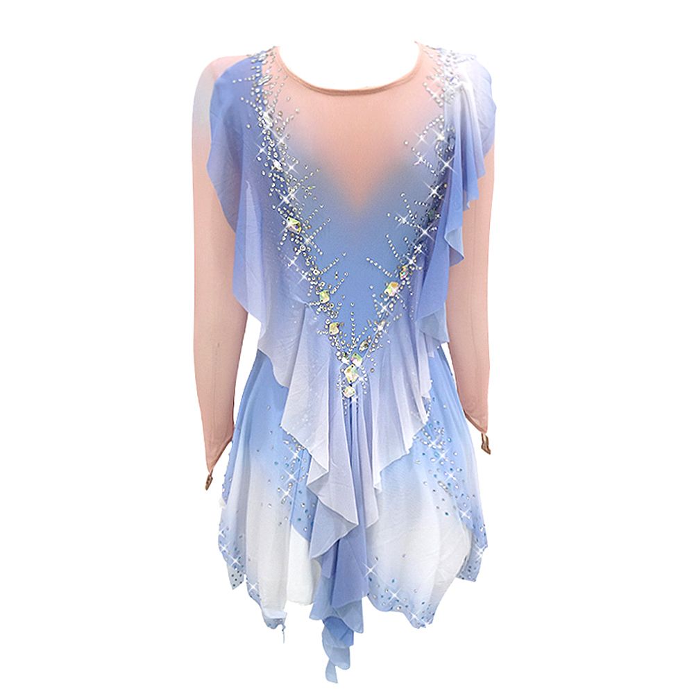 Ice Figrue Skating Dress Girls Women Competition Light Blue Gradient High Elasticity Handmade Long Sleeve Dance Ice Skating Rhythmic Gymnastics