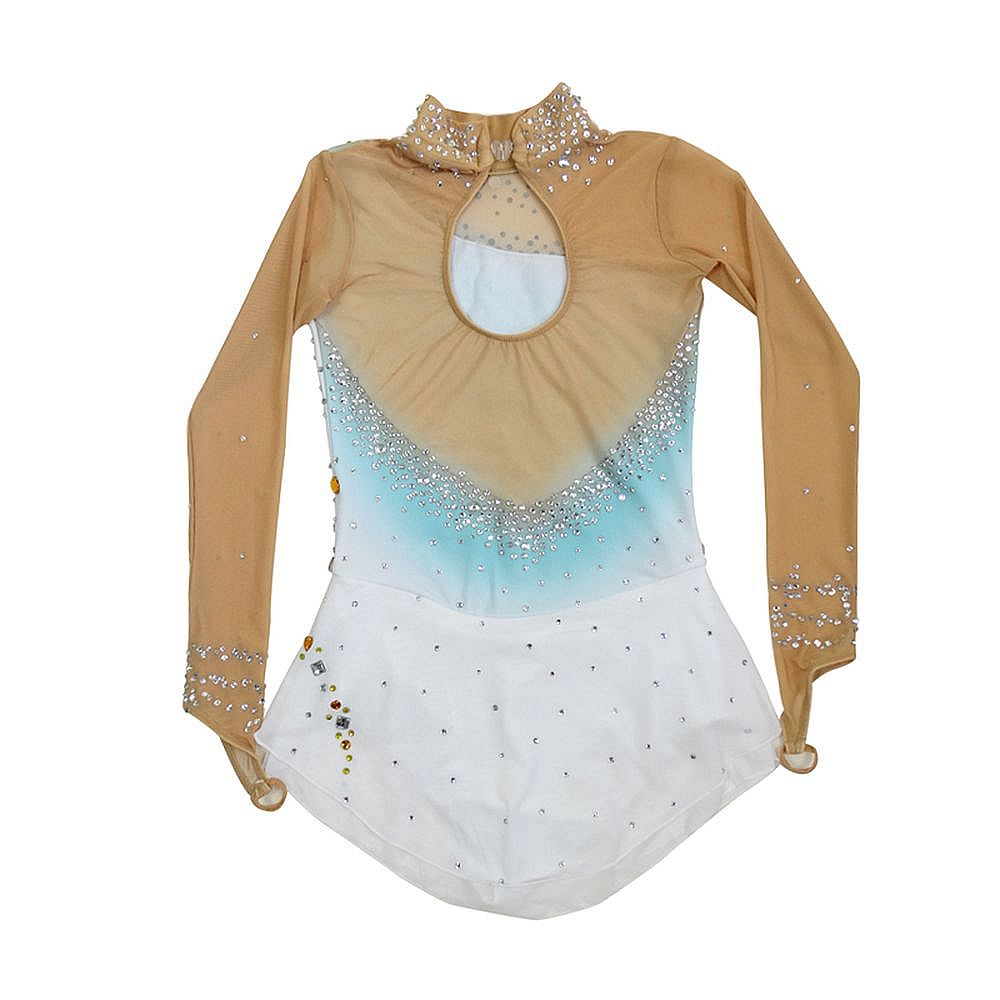 Girls Ice Figure Skating Dress Women's White Gradient Cross Spandex High Elasticity Training Competition Skating Wear Handmade Crystal / Rhinestone Gradient Color Long Sleeve Ice Skating