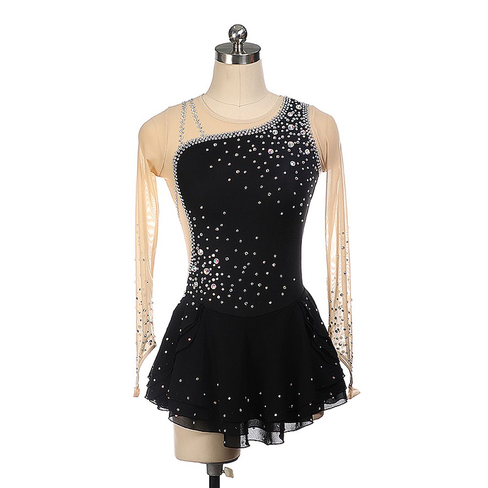 LIUHUO Women Girls Ice Figure Skating Dress White Black Stretchy Mesh High Elasticity Dance Competition Skating Wear Handmade Crystal / Rhinestone Solid Color Long Sleeve Ice Skating