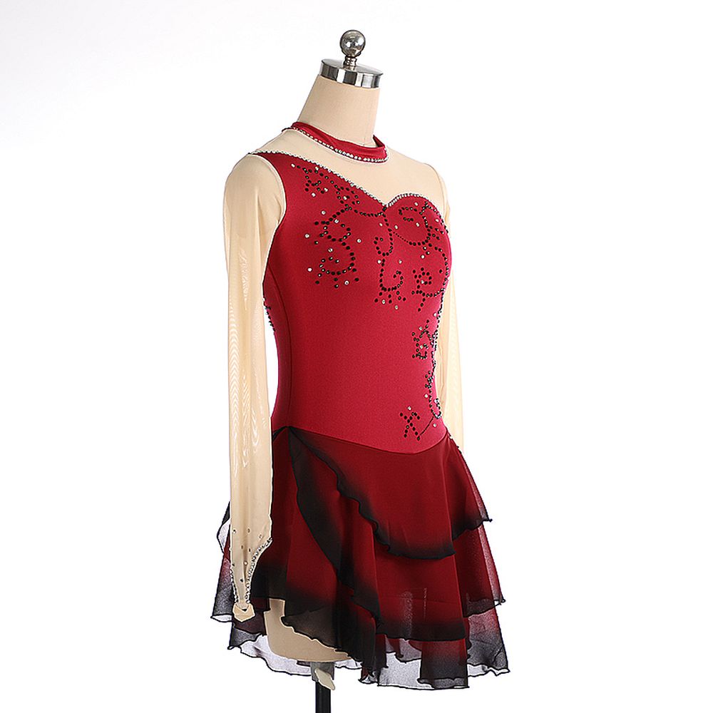 LIUHUO Handmade Figure Skating Dress Women's Girls' Ice Skating Dress Red Glitter Mesh Spandex High Elasticity Practice Competition Skating Wear Crystal / Rhinestone Long Sleeve Ice Skating Winter