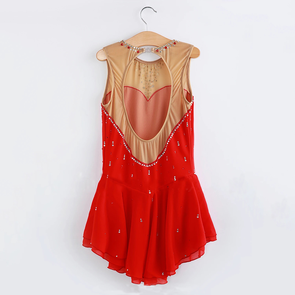 LIUHUO Handmade Figure Skating Dress Women's Girls' Ice Skating Dress Red Mesh Spandex High Elasticity Practice Competition Skating Wear Crystal / Rhinestone Long Sleeve Ice Skating Winter