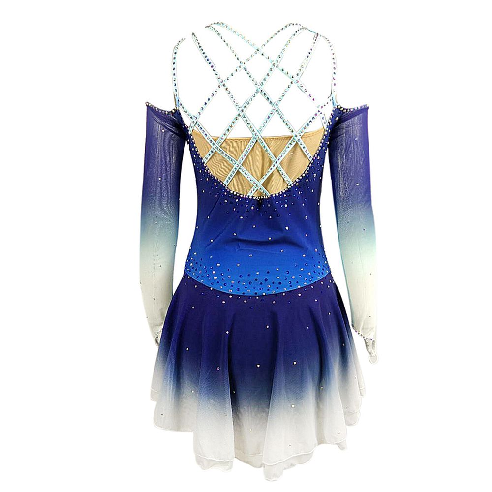 LIUHUO Ice Figure Skating Dance Dress Women's Blue Strips Fashion Training Competition Skating Wear Handmade Crystal / Rhinestone Solid Color Long Sleeve Ice Skating Costumes
