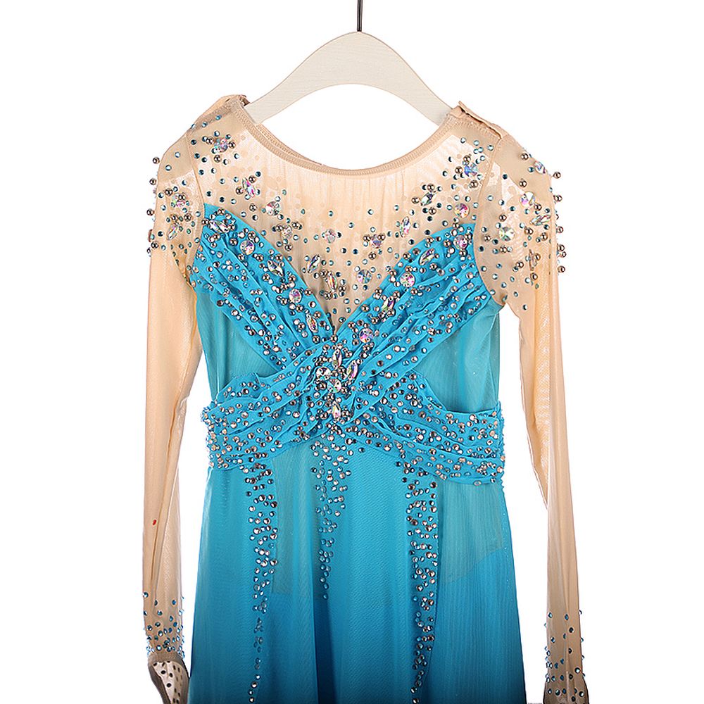 Women Girls Ice Figure Skating Dress Blue Gradient Stretchy Mesh High Elasticity Dance Competition Skating Wear Handmade Crystal / Rhinestone Solid Color Long Sleeve Ice Skating