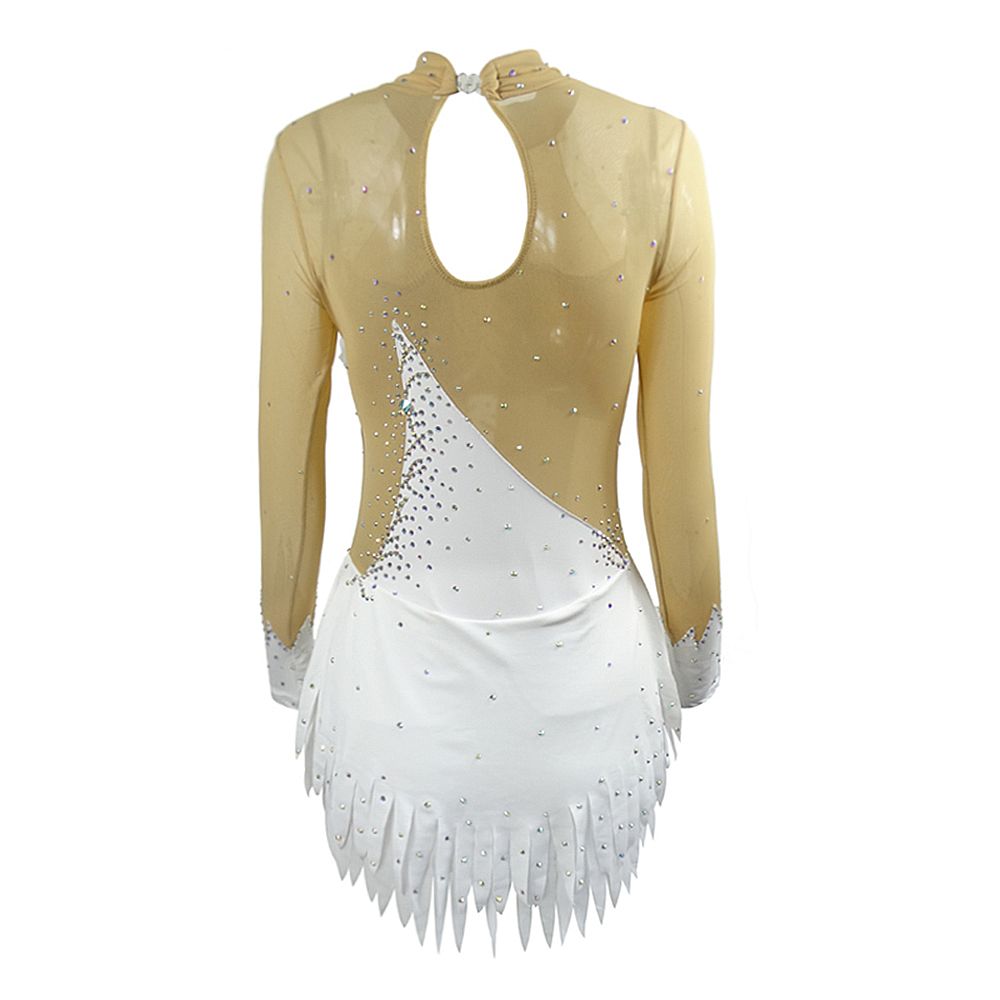 LIUHUO Ice Figure Skating Dance Dress Women's White Folded Fabric Fashion Training Competition Skating Wear Handmade Crystal / Rhinestone Solid Color Long Sleeve Ice Skating Costumes