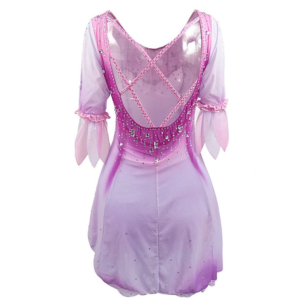 LIUHUO Ice Figure Skating Skirt Girls Youth Pink Purple Figure Skating Dress Short-Sleeved Ice Skating Ballet Rave Dance Costumes Spandex