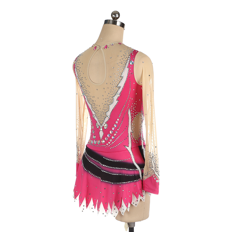Ice Figure Skating Dress Women Girls Stretchy Pink Spandex High Elasticity Competition Skating Wear Handmade Crystal/Rhinestone Solid Color Long Sleeve Ice Skating