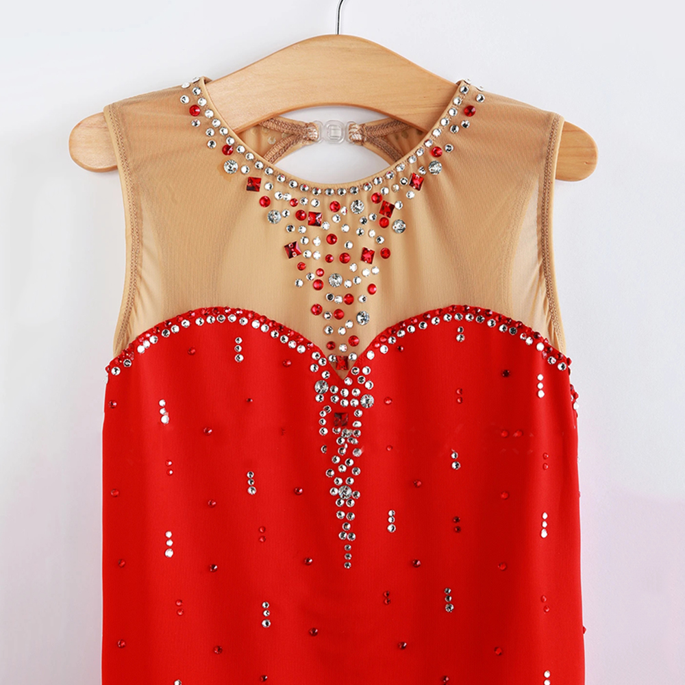 LIUHUO Handmade Figure Skating Dress Women's Girls' Ice Skating Dress Red Mesh Spandex High Elasticity Practice Competition Skating Wear Crystal / Rhinestone Long Sleeve Ice Skating Winter