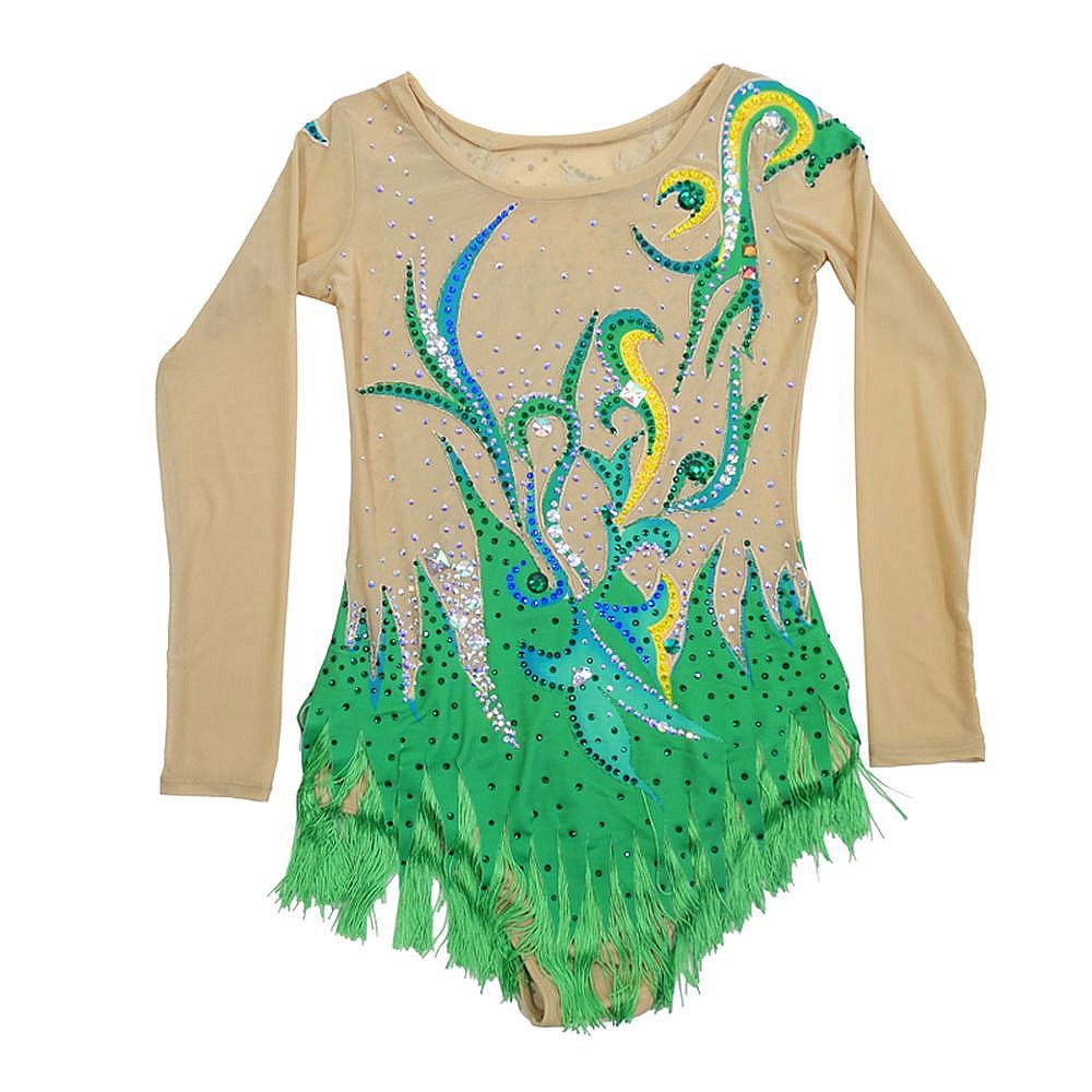 Women's Girls' Rhythmic Gymnastics Leotards Artistic Gymnastics Leotards Jeweled Green Spandex Dance Rhythmic Gymnastics Artistic Gymnastics Leotard Sleeveless Sport Activewear Handmade