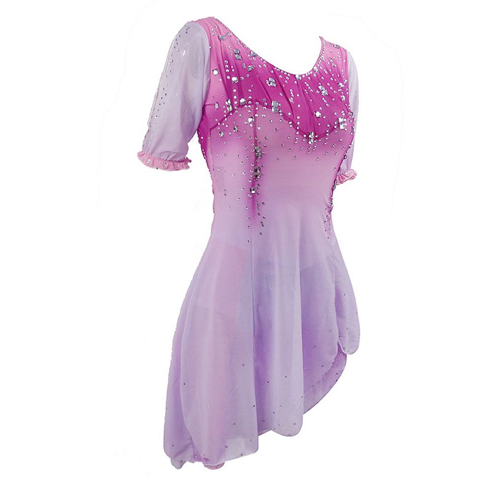 LIUHUO Ice Figure Skating Skirt Girls Youth Pink Purple Figure Skating Dress Short-Sleeved Ice Skating Ballet Rave Dance Costumes Spandex