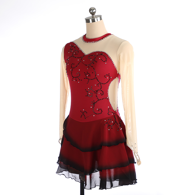 LIUHUO Handmade Figure Skating Dress Women's Girls' Ice Skating Dress Red Glitter Mesh Spandex High Elasticity Practice Competition Skating Wear Crystal / Rhinestone Long Sleeve Ice Skating Winter