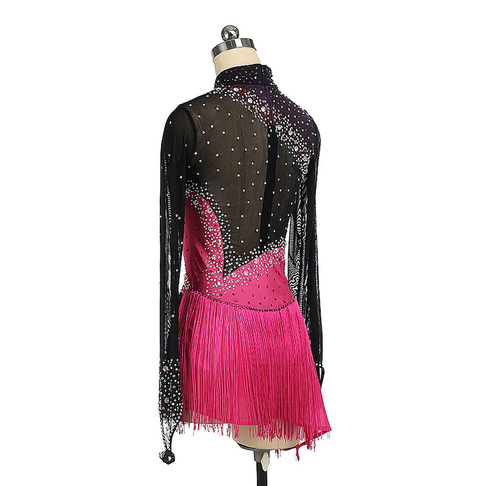 Women Girls Ice Figure Skating Dress Pink- Black Stretchy Mesh High Elasticity Training Competition Skating Wear Handmade Crystal / Rhinestone Solid Color Long Sleeve Ice Skating
