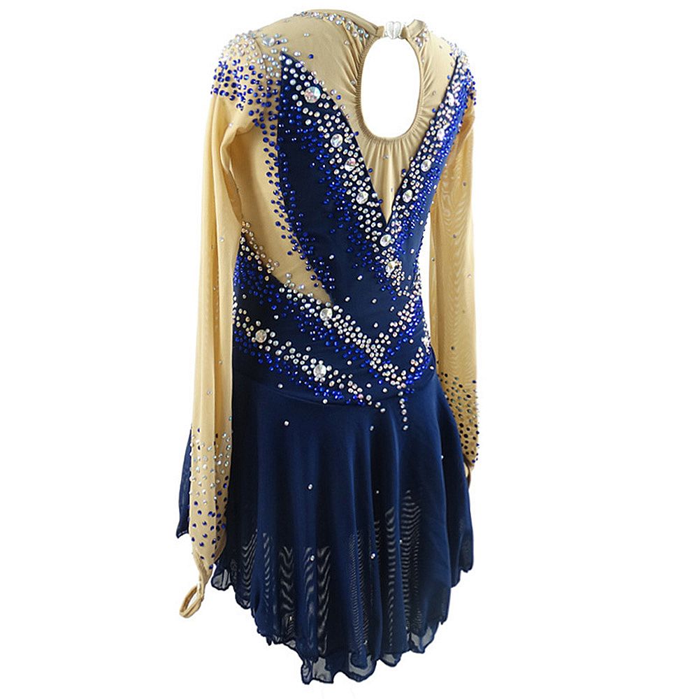 Figure Skating Dress Women's Girls' Ice Skating Dress Blue+Green Glitter Patchwork Spandex High Elasticity Competition Skating Wear Crystal / Rhinestone Long Sleeve Ice Skating Winter Sports Figure
