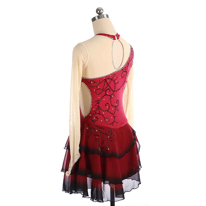 LIUHUO Handmade Figure Skating Dress Women's Girls' Ice Skating Dress Red Glitter Mesh Spandex High Elasticity Practice Competition Skating Wear Crystal / Rhinestone Long Sleeve Ice Skating Winter