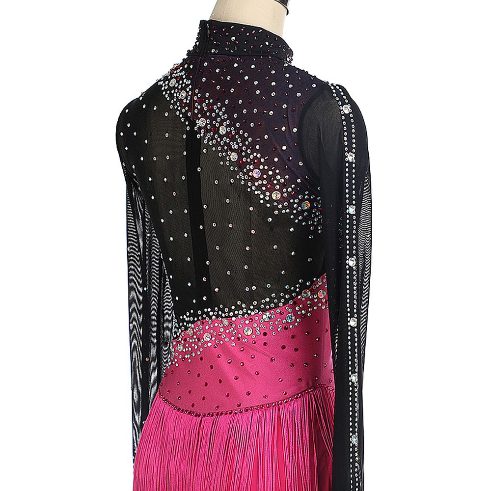 Women Girls Ice Figure Skating Dress Pink- Black Stretchy Mesh High Elasticity Training Competition Skating Wear Handmade Crystal / Rhinestone Solid Color Long Sleeve Ice Skating