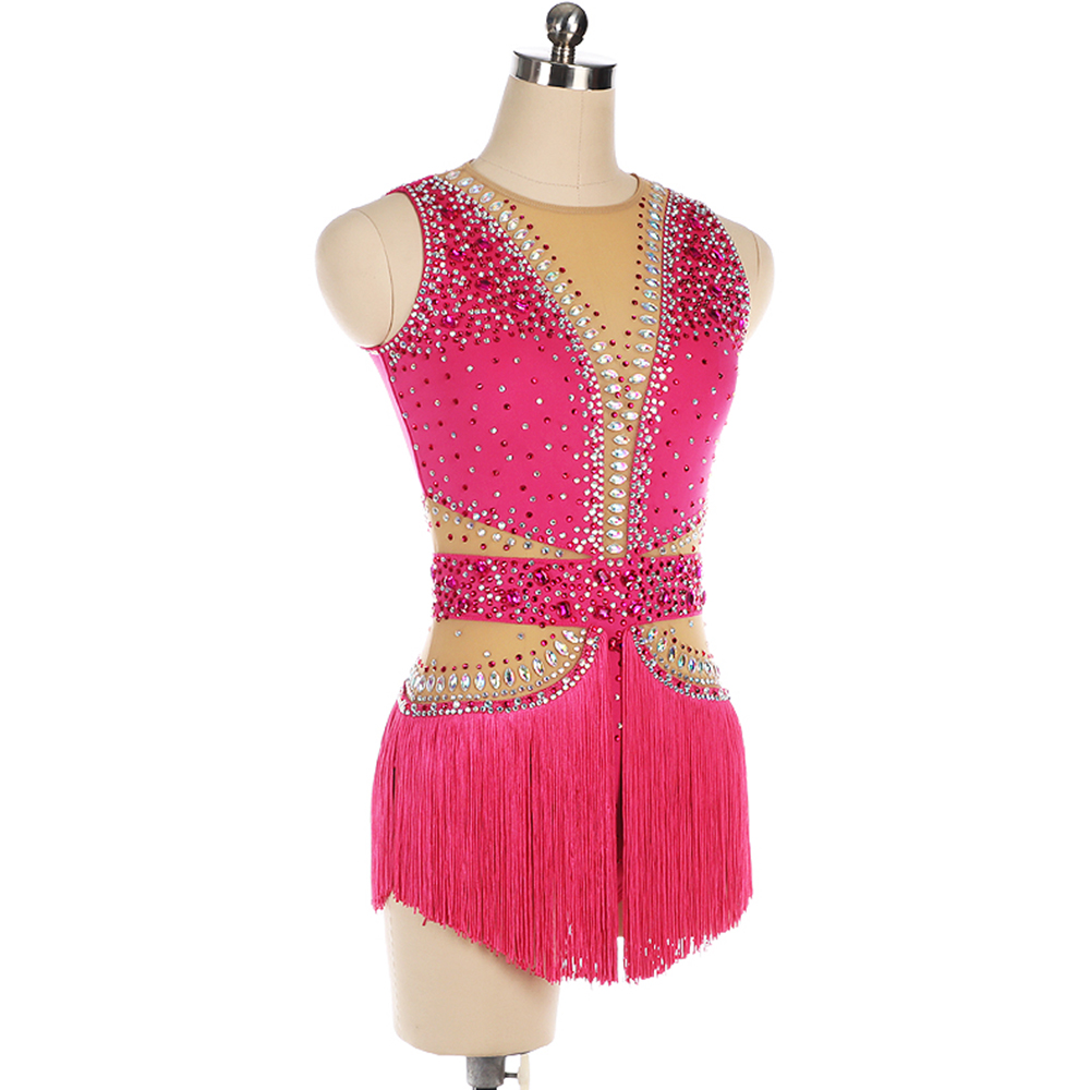Ice Figure Skating Dress Women Girls Stretchy Tassels High Elasticity Training Competition Skating Wear Handmade Crystal/Rhinestone Solid Color Long Sleeve Ice Skating