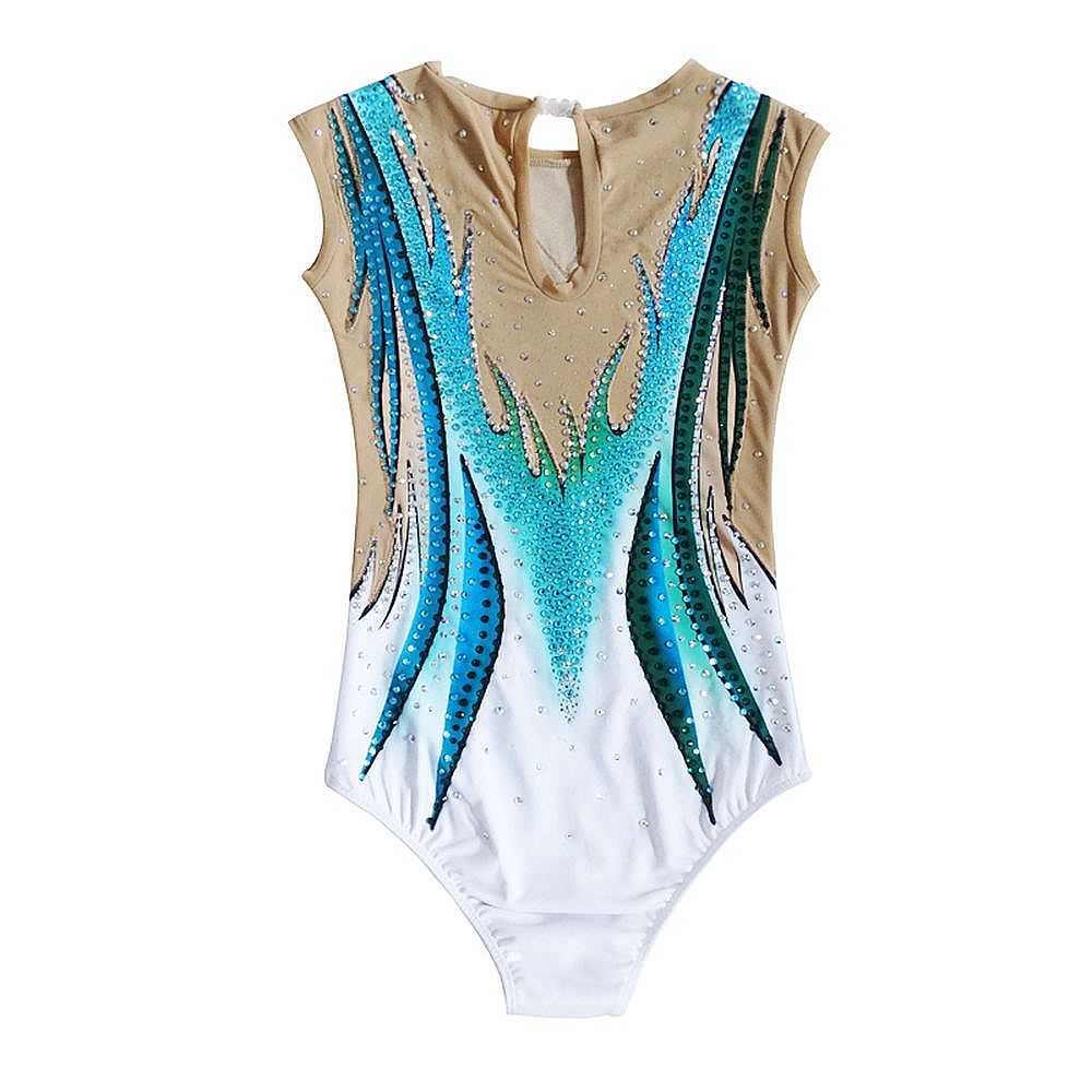 Women's Girls' Rhythmic Gymnastics Leotards Artistic Gymnastics Leotards Jeweled Blue Spandex Dance Rhythmic Gymnastics Artistic Gymnastics Leotard Sleeveless Sport Activewear Handmade
