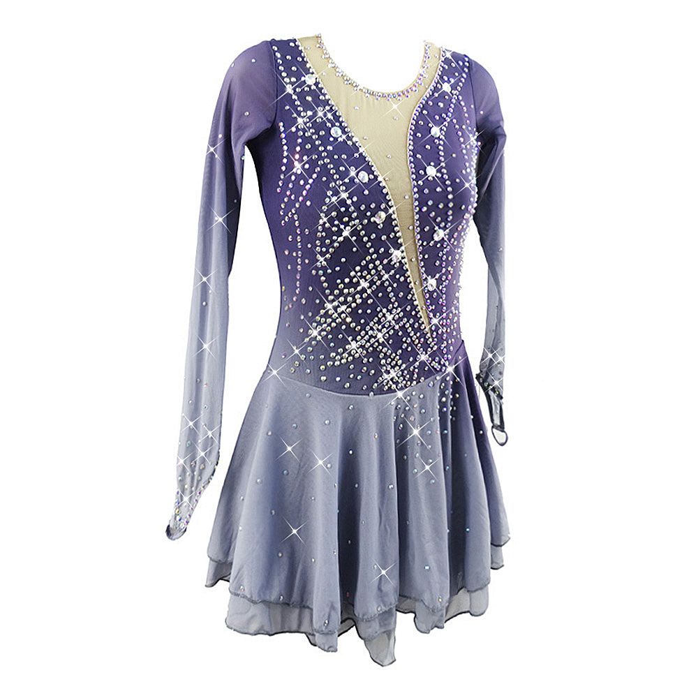 Figure Skating Dress Women's Girls' Ice Skating Dress Grey Back Cross Spandex High Elasticity Training Competition Skating Wear Handmade Crystal / Rhinestone Gradient Color Long Sleeve Ice Skating