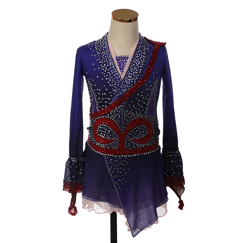 Ice Figure Skating Dress Women Girls Stretchy Tassels High Elasticity Competition Skating Wear Handmade Crystal/Rhinestone Solid Color Long Sleeve Ice Skating