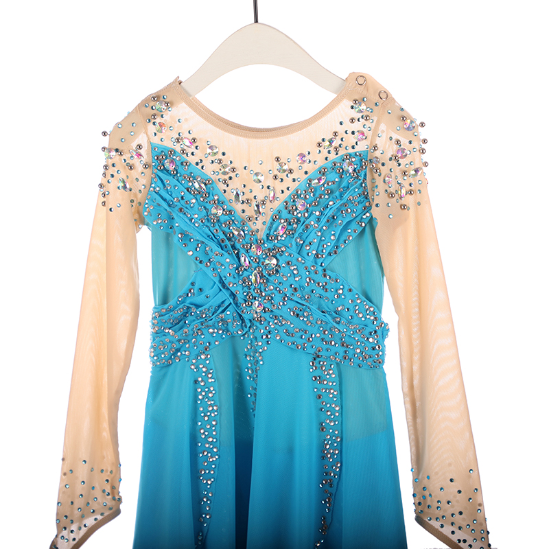 Women Girls Ice Figure Skating Dress Blue Gradient Stretchy Mesh High Elasticity Dance Competition Skating Wear Handmade Crystal / Rhinestone Solid Color Long Sleeve Ice Skating