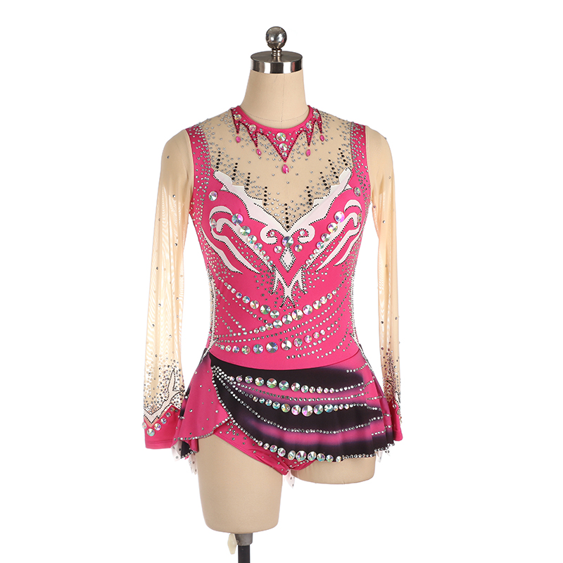 Ice Figure Skating Dress Women Girls Stretchy Pink Spandex High Elasticity Competition Skating Wear Handmade Crystal/Rhinestone Solid Color Long Sleeve Ice Skating